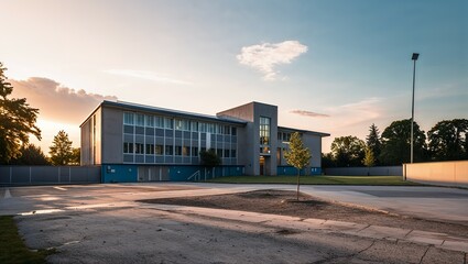 Obraz premium School building and school yard in the evening 