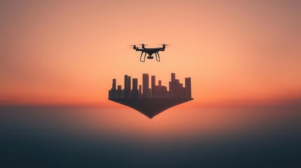 Drone capturing a floating city above the ocean at dawn, futuristic yet serene, anticipation, future, potential