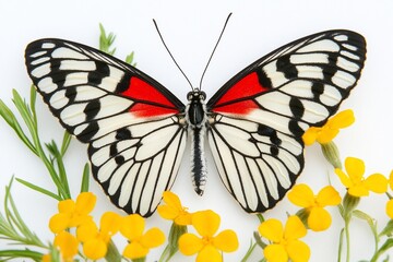 Obraz premium Red-patched white butterfly on yellow flowers.