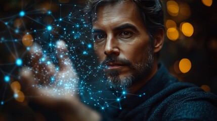 Man interacts with a digital network, futuristic technology concept.