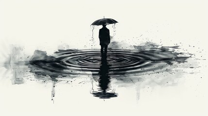 Solitary figure under umbrella in a rain puddle, creating concentric ripples, monochrome illustration.
