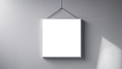 3D rendering of a hanging white wall sign, square billboard, signboard on a gray background