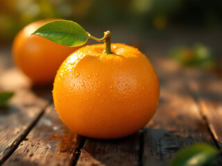 Two Oranges on Wooden Surface with Water Droplets