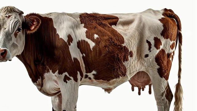 This image showcases a lifelike cow with a brown and white pattern. It symbolizes farm life and dairy farming. Perfect for educational materials and agricultural projects. Generative AI