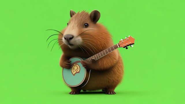 Cartoon capybara playing a guitar on a green background. Fun and creative animal illustration.