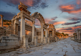 Izmir-Selcuk-Turkey  Ephesus Ancient City ruins. Ephesus Commercial Marketplace (Tetragonos Agora) Each year, thousands of visitors descend on the region to roam the ancient city.