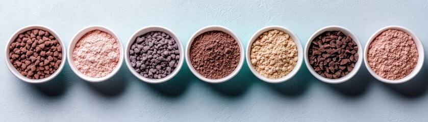 Explore an array of finely ground textures in small white bowls showcasing a variety of light pastel hues A gentle and airy pastel palette focusing on the lightest and most subtle tones From rich