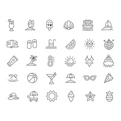 Fototapeta premium Summer beach icon set vector line art illustration.
