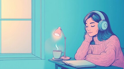 Serene young woman enjoys peaceful moment, listening to music with headphones, warm drink and book, soft light.