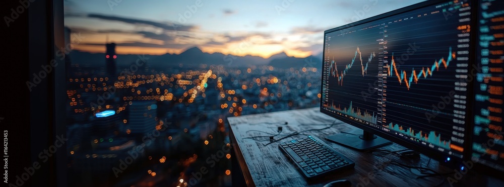 Poster a stunning cityscape view at dusk with a computer displaying stock market graphs.
