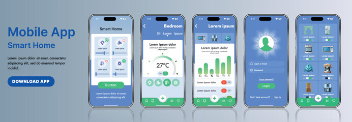 A sleek smart home application interface template featuring modern icons and a gradient design. Includes navigation menus for managing devices, monitoring security, controlling temperature