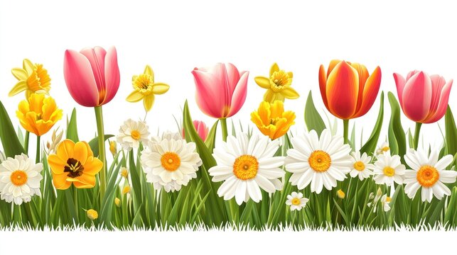 Spring flowers border with tulips, daffodils, daisies, and grass.