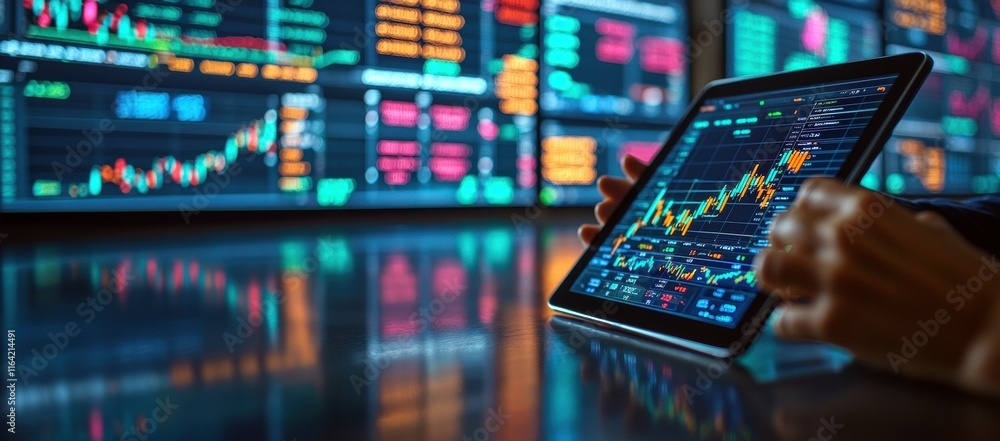 Poster close-up of a person analyzing stock market data on a tablet, with colorful graphs displayed.