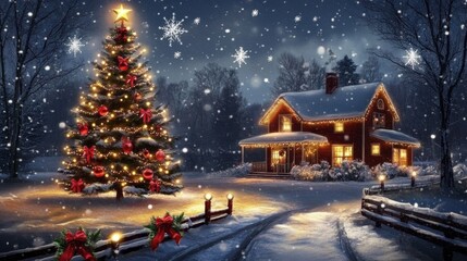 A serene Christmas scene featuring a cozy house.