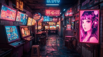 Obraz premium Neon-lit arcade with vibrant gaming atmosphere.