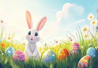 Fototapeta premium Charming Cartoon Bunny Surrounded by Colorful Easter Eggs in a Vibrant Spring Meadow Under a Bright Blue Sky and White Fluffy Clouds