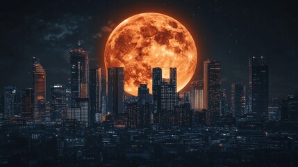 Orange blood moon rising over a futuristic city skyline at night.