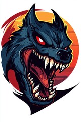 Fierce, snarling wolf head illustration against a sunset backdrop.