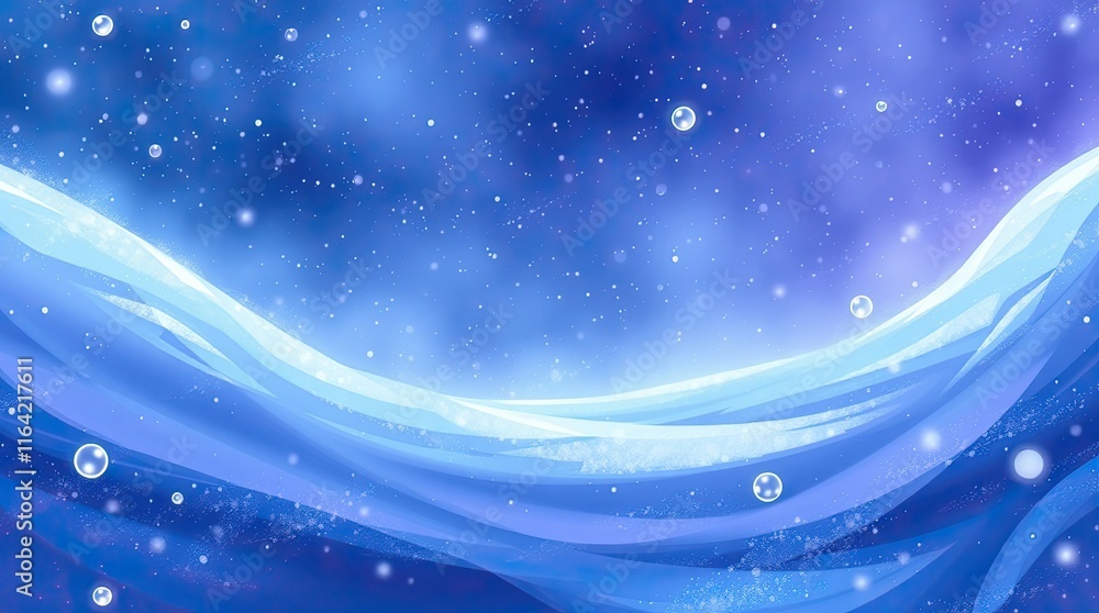 Poster bubbles float through deep blue waves, illuminated by soft light, creating a tranquil underwater amb