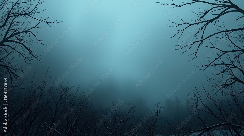 Poster a dense fog shrouds a forest filled with skeletal trees, creating an eerie atmosphere as twilight de
