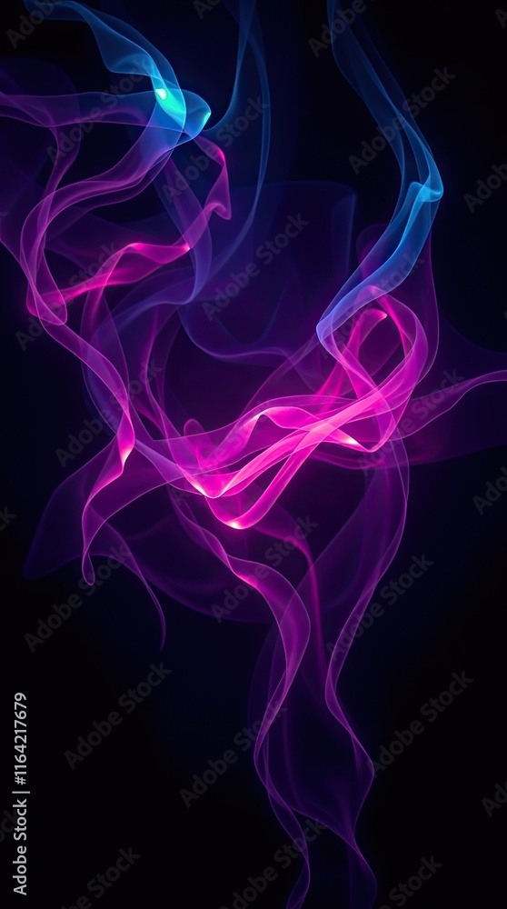 Poster Colorful vapor flows gracefully, intertwining in mesmerizing patterns against a dark background, evoking a sense of dynamic movement and artistic expression