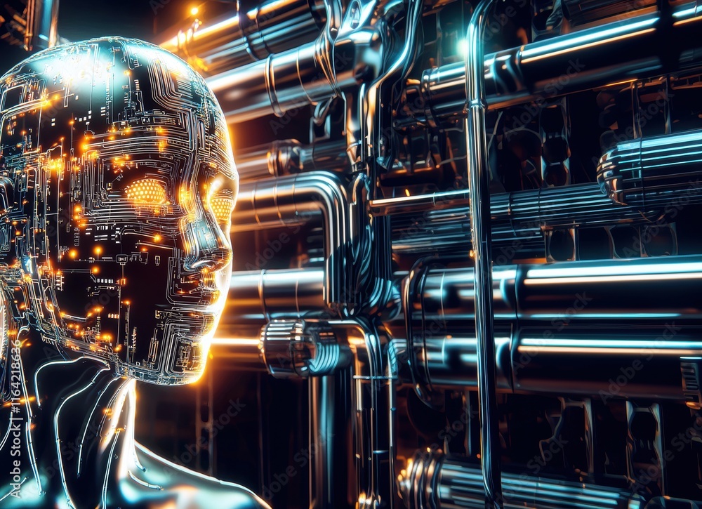 Poster futuristic robotic figure with illuminated features against a backdrop of metallic pipes.