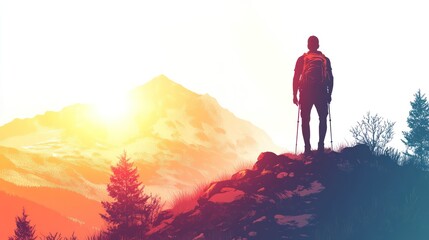 Hiker silhouetted at sunrise, overlooking a snow-capped mountain.