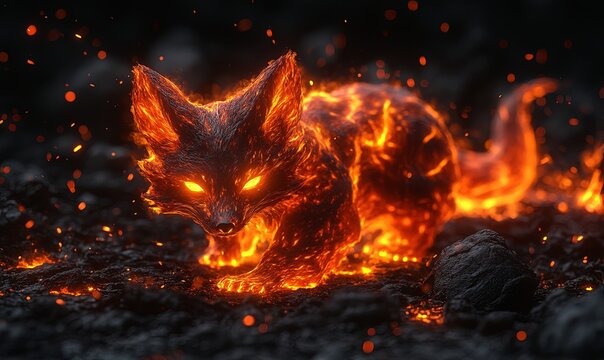 Fiery fox creature made of lava and embers, glowing eyes, dark background.