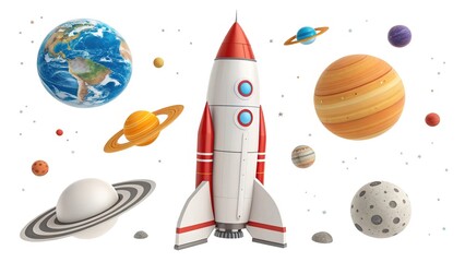 Adorable space design with rocket and planets in bright colors, perfect for children, white background. 