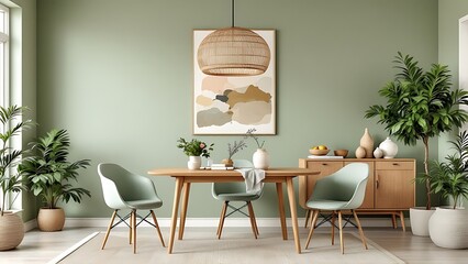 Wooden dining table and chairs against green wall. Scandinavian, mid-century home interior design of modern dining room.