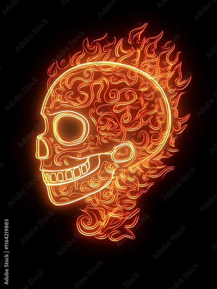 Poster fiery skull design with intricate flame patterns.