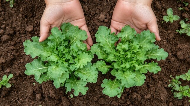 Photo of perspective from above big green lettuce in hands on loose soft earth in garden. agriculture background