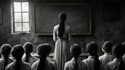 Obraz premium Classroom scene with a teacher and students in black and white.