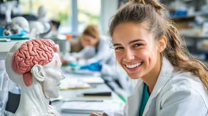 Smiling medical student with anatomical brain model.