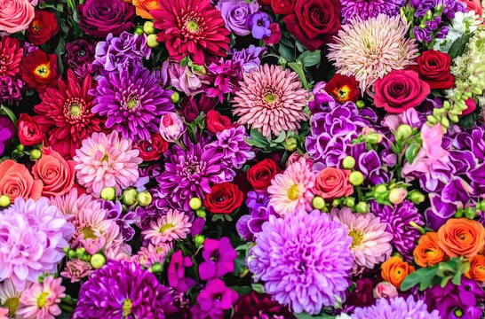 A vibrant display of fresh flowers showcases vibrant hues, including deep reds, rich purples, and soft pinks, arranged beautifully at a local market. Customers enjoy the lively atmosphere.