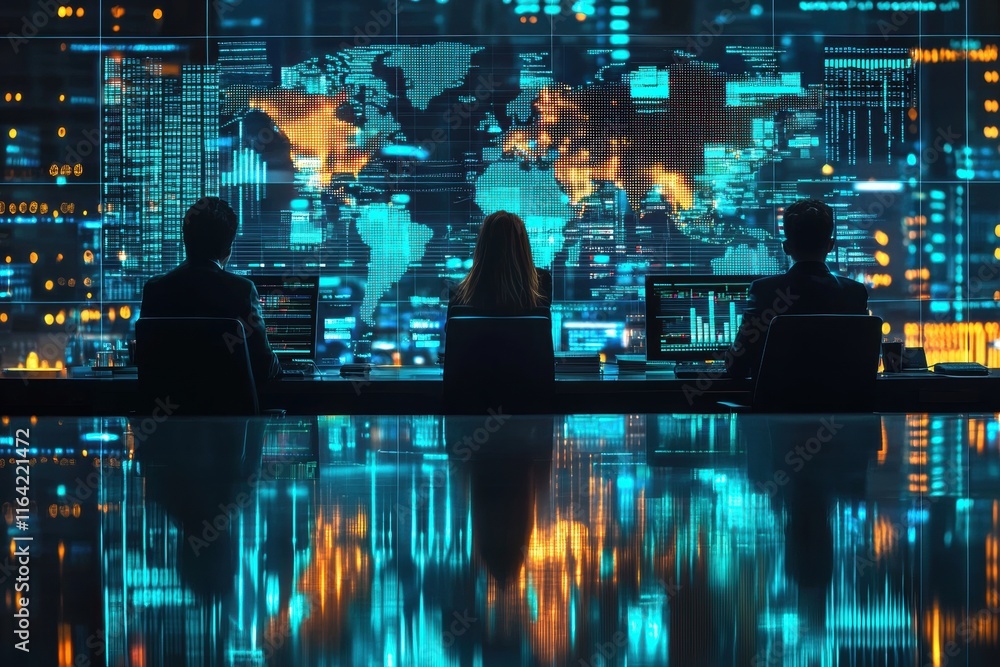 Poster three professionals analyzing global data in a high-tech control room.
