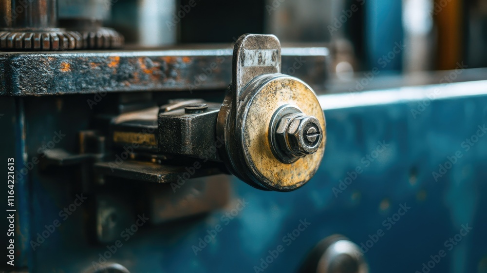Poster close-up of industrial machine component with metal and rust details