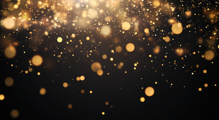 Golden particles shimmer and float through the air, creating a magical atmosphere during a celebration or festive gathering. The dark backdrop enhances the brightness of the sparkles.