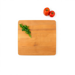 Empty wooden cutting board with fresh herbs and tomatoes. Kitchenware, cooking, food preparation.