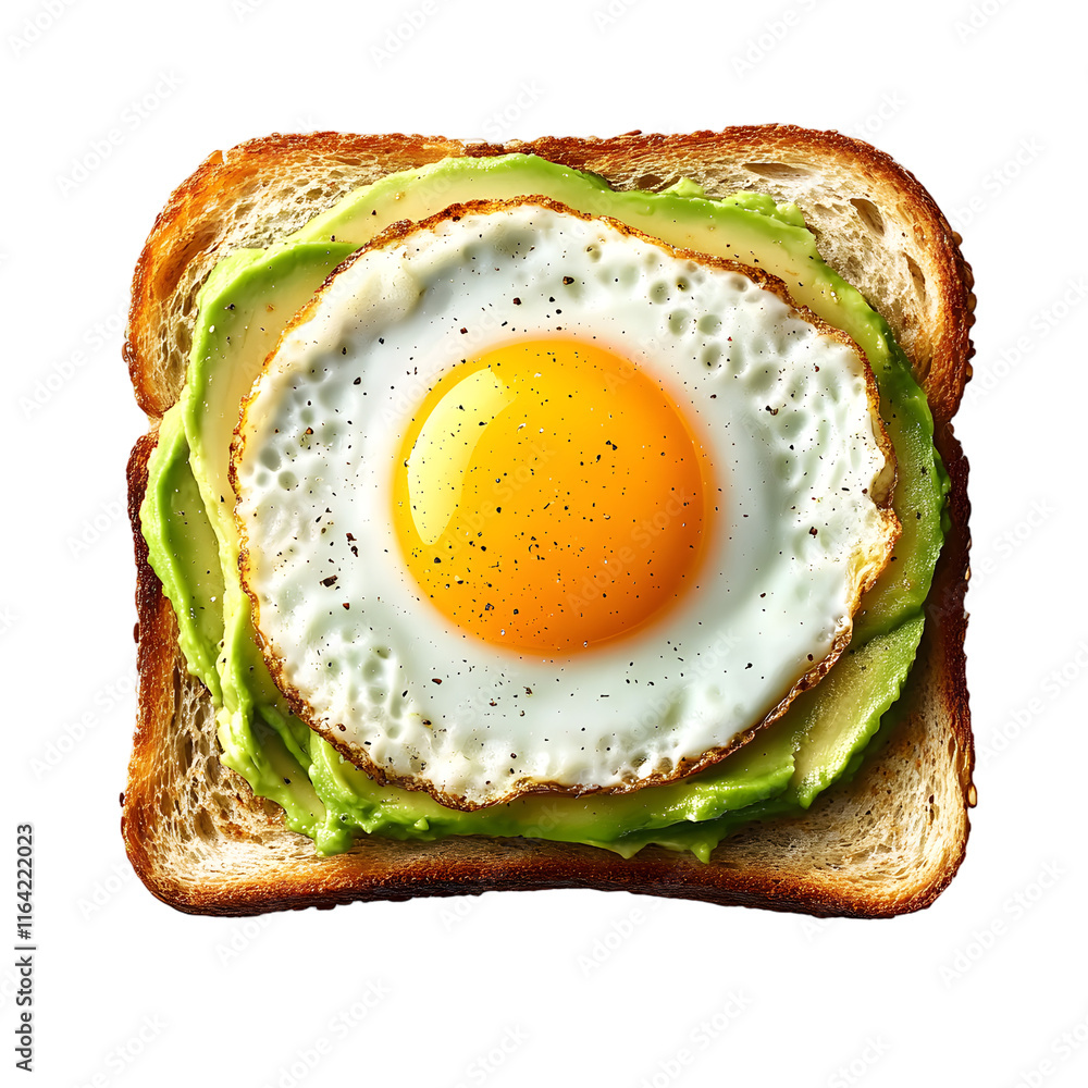Poster avocado toast with fried egg isolated on transparent background generative ai.