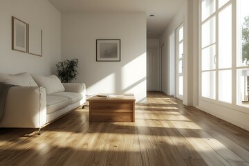 Fototapeta premium Sunlit minimalist living room with wooden floors, white sofa, and coffee table.
