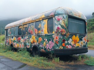 Flower-painted vintage bus parked roadside.