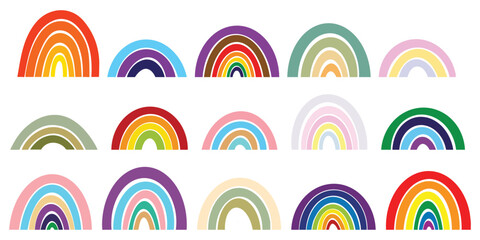 Colorful summer trendy rainbows vector illustrations. Rainbows colours spectrum flat icon for apps and websites. Baby hand drawn design for textile, posters, cards. Abstract striped doodle rainbow set