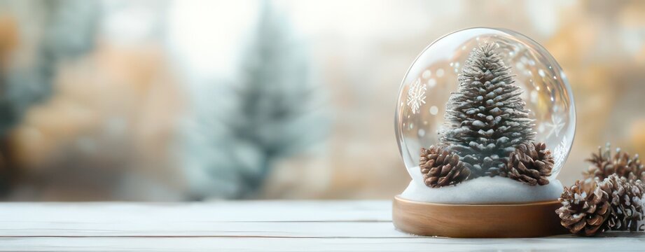 A snow globe featuring a tree and pinecones, evoking a cozy winter atmosphere.