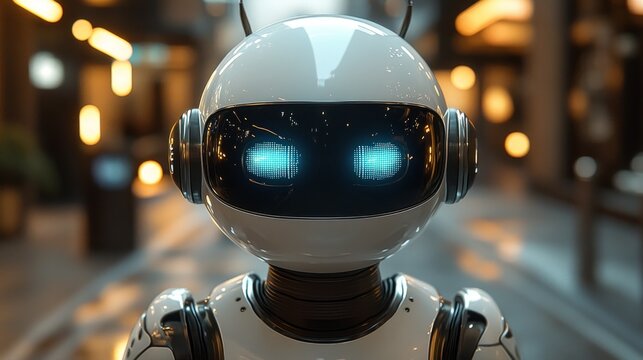 Friendly white robot in city at night.