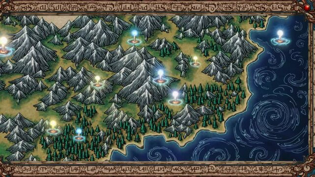 Fantasy Map with Detailed Geography, Various Terrains, Settlements, Scale Markings, Symbolic Elements, Weather Indicators, and Mythical Creatures in a Maritime Setting for Role-Playing Games