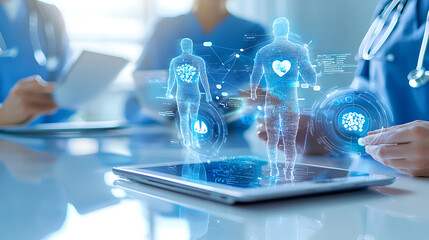 Digital healthcare team analyzing patient data with holographic visuals
