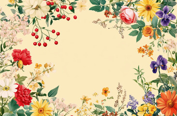 Colorful floral arrangement creating a vibrant border, featuring diverse blossoms and leaves, perfect for decorative use or invitations