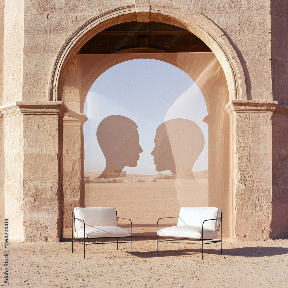Poster two minimalist chairs with shadowy silhouettes in an archway, creating a serene atmosphere.