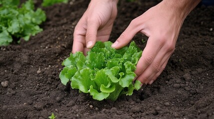Photo of perspective from above big green lettuce in hands on loose soft earth in garden. agriculture background